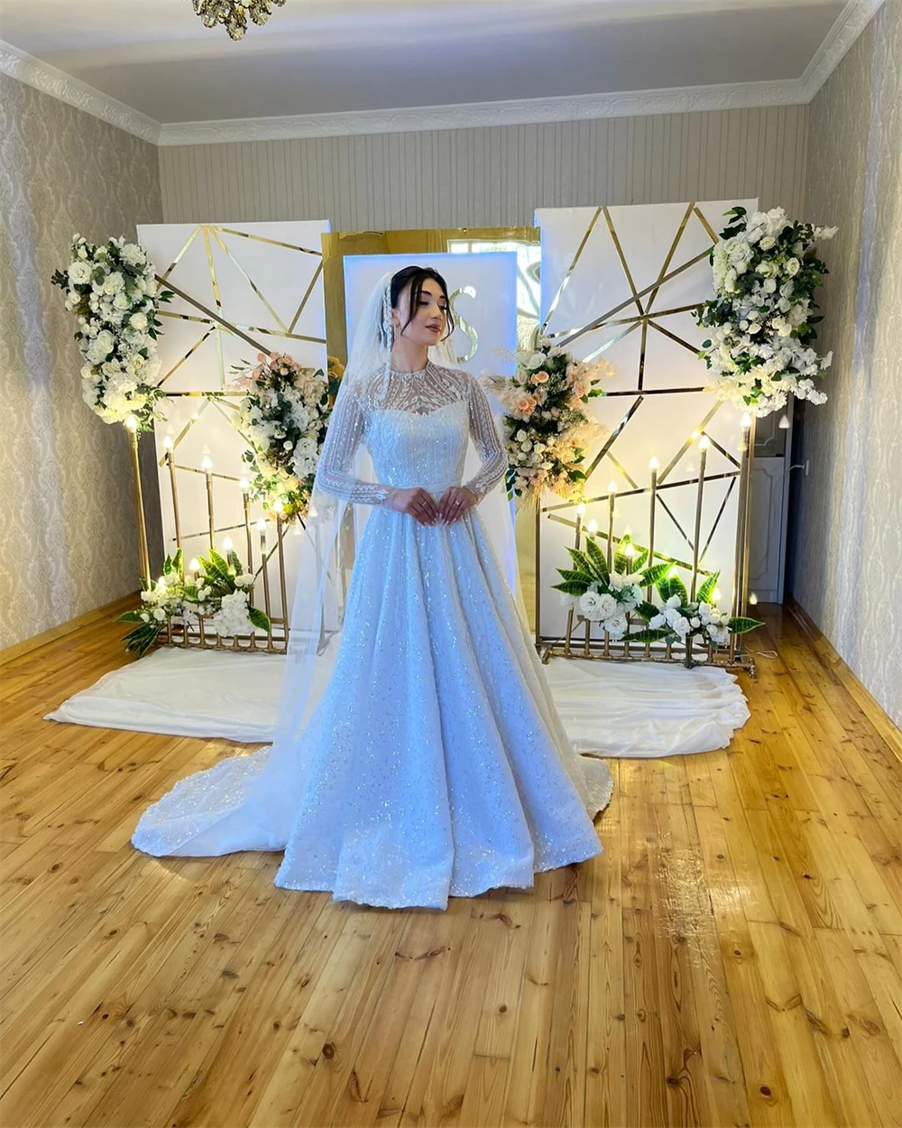 맞춤형 반짝 이는 스팽글 긴 소매 신부 가운 클래식 오-넥 a 라인 웨딩 드레스 우아한 Organza Vestido De Novia