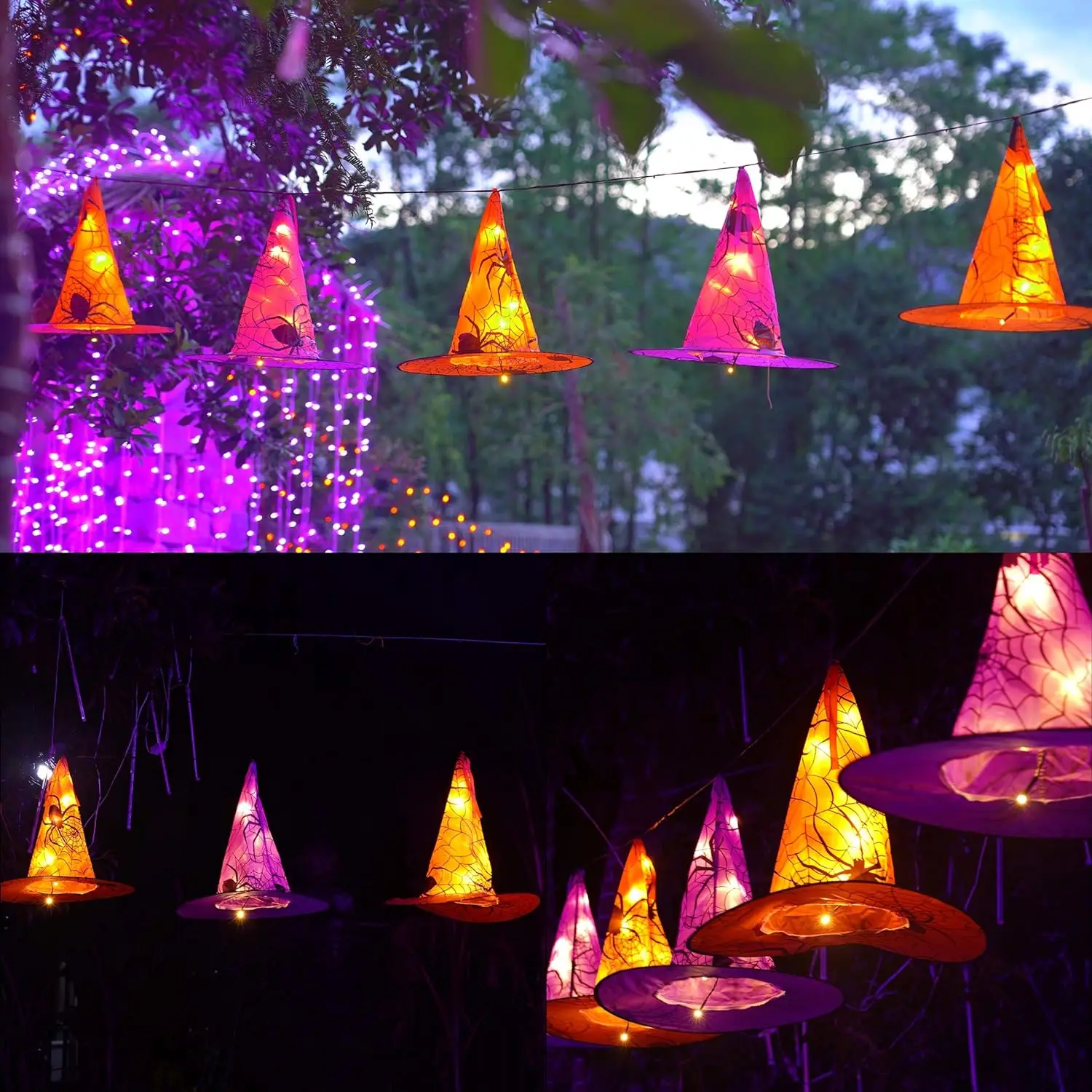 8/16Pcs Halloween Hanging Witch Hats String light Glowing Wizard Hats Outdoor Decoration Waterproof with Remote for Party Decor