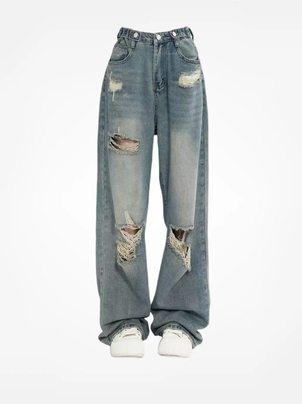 plus Size Women's American Style Ripped Denim Pants High Waist Straight Leg Loose Fitting Slimming Wide Leg Floor Length