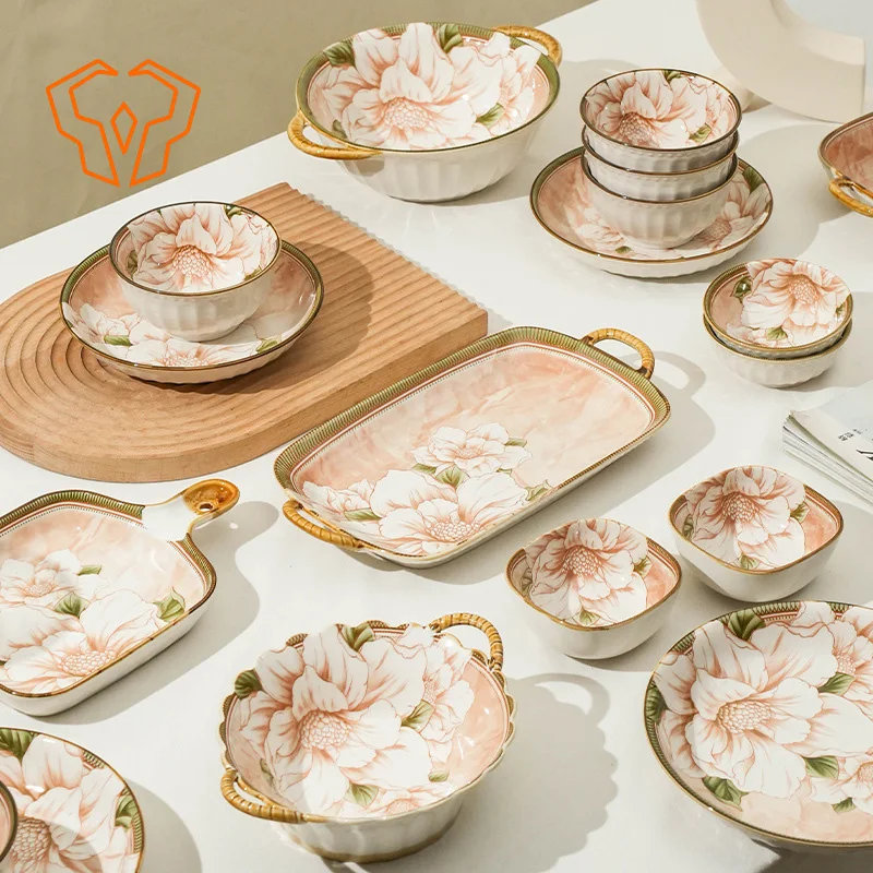 

Camellia Ceramic Bowls and Plates Retro Plates Various Sizes of Underglaze Colored Craft Bowls for Household Use