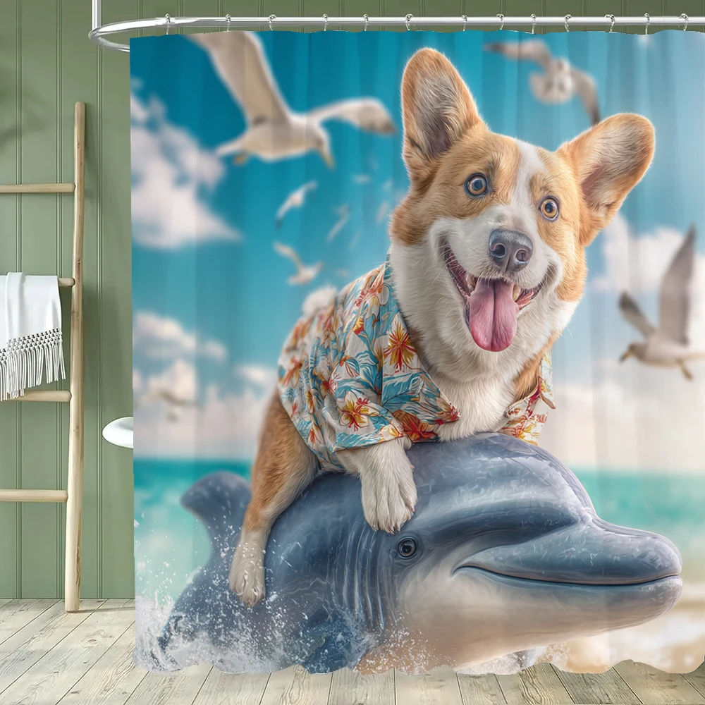 Kids Cartoon Animal Shower Curtain Funny Letters Blue Watercolour Fish Polyester Fabric Washable Shower Curtains Bathroom Decor