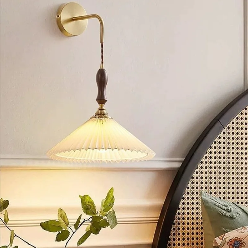 

Bedroom bedside wall lamp ins wind simple walnut all copper Nordic pleated dining bar tea room Internet celebrity wall lamp