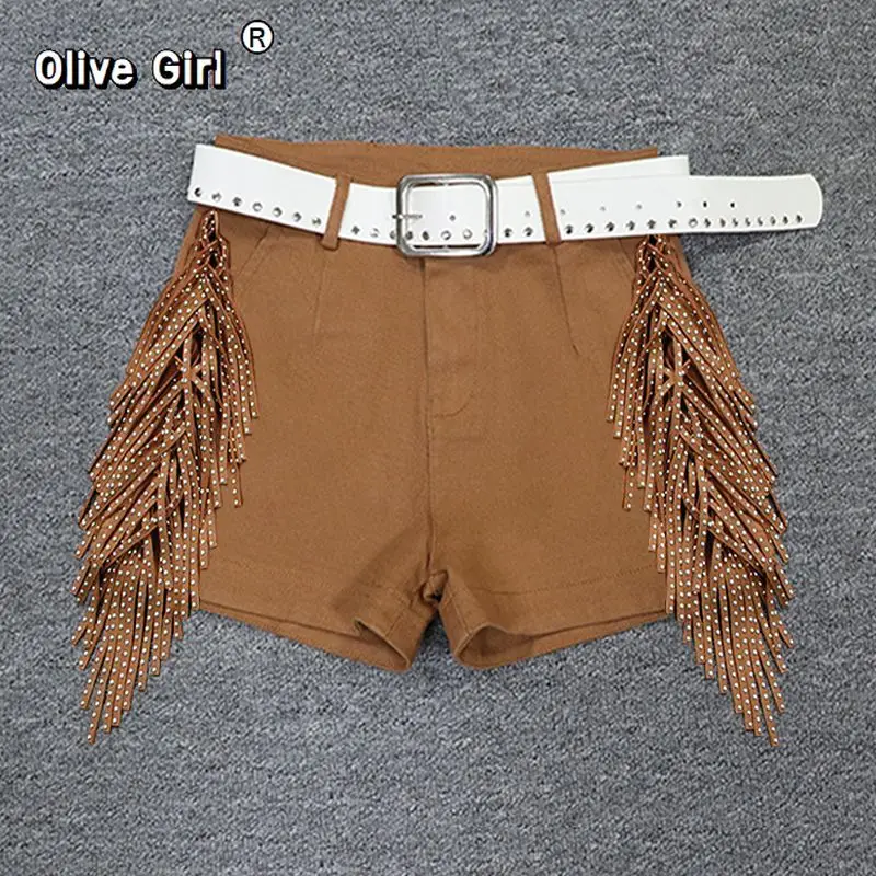 Olivegirl, pantalones cortos informales de cintura alta, multicolor, de verano para mujer, de gama alta, con borlas y lentejuelas, pantalones elásticos calientes, pantalones de abrigo