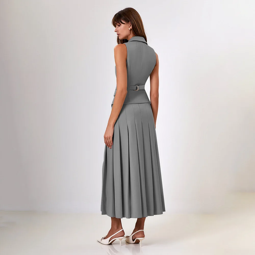 Women Skirt Set Autumn Elegant Long Skirt Suit Sleeveless Vest Blazer And Pleated Long Skirt Two-Piece Suit Women  Skirt Outfits