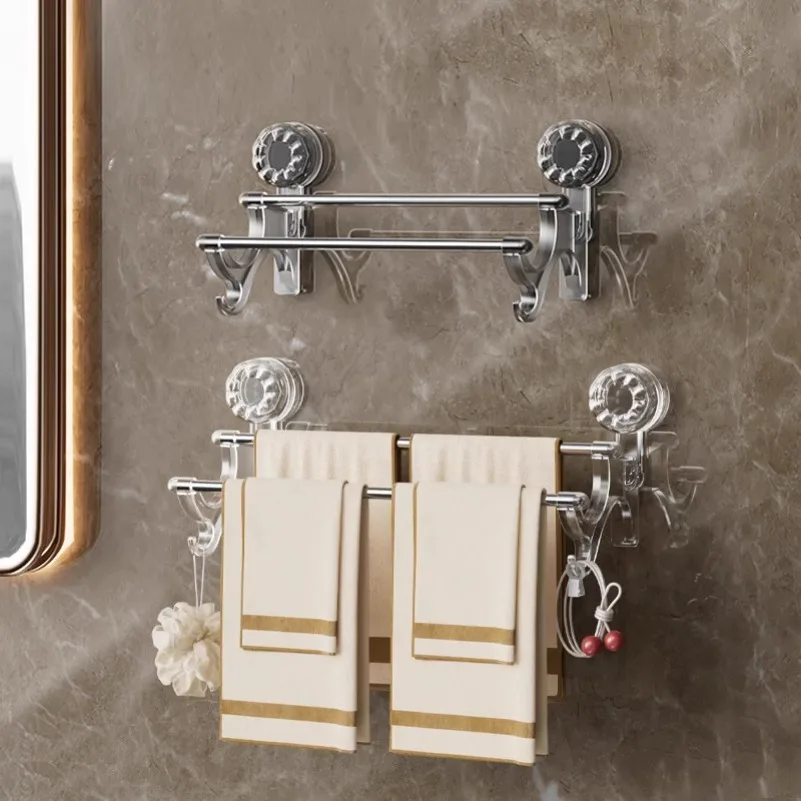 Suction cup double rod towel rack, bathroom drying towel bar, free punching storage rack, bath towel hanging rod