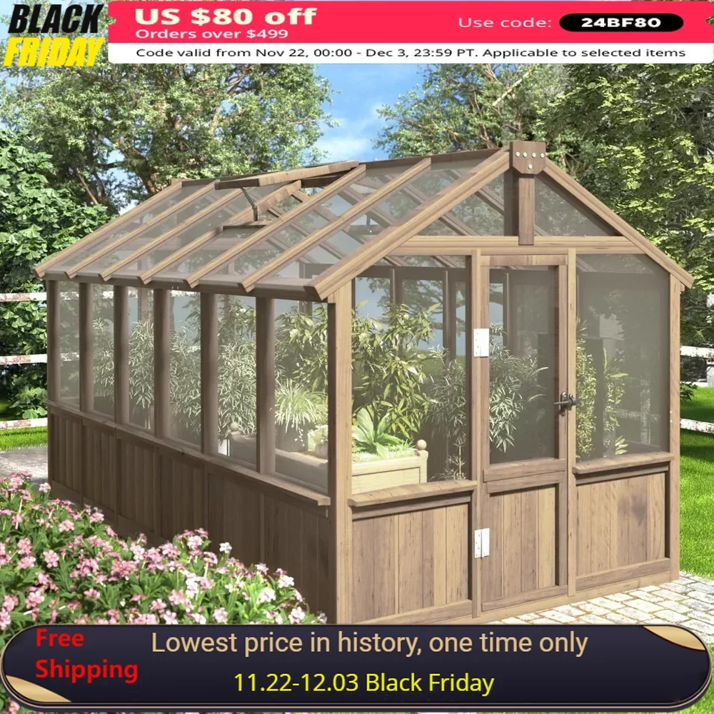 6x12 FT Greenhouse with Lockable Door and Adjustable Roof Vent for Backyard Garden, Polycarbonate Wooden Walk-in Greenhouse