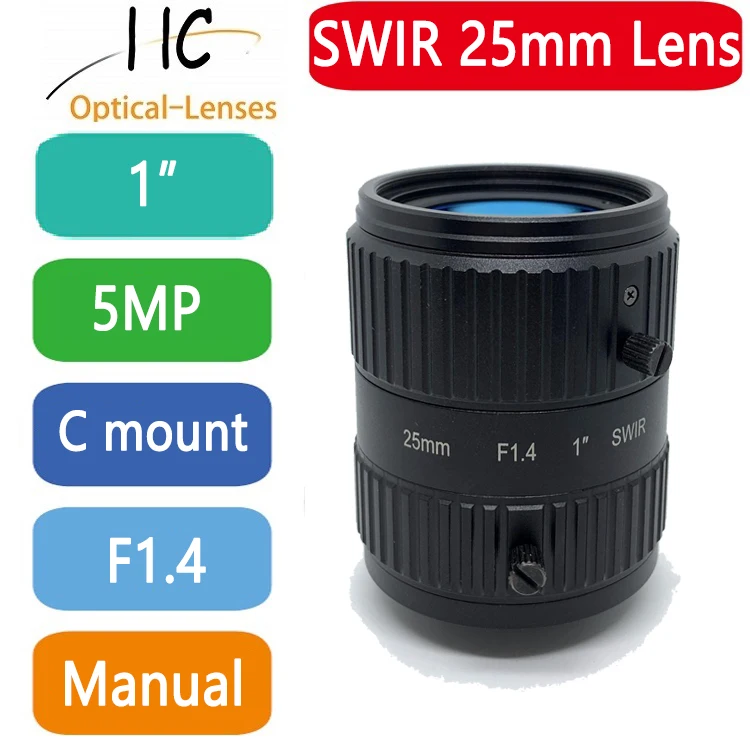 

5.0 Mega Pixel SWIR C-Mount 25mm 1.1" Machine Vision fixed focal length lenses F1.4 manual Iris 800-1800nm SWIR transmission