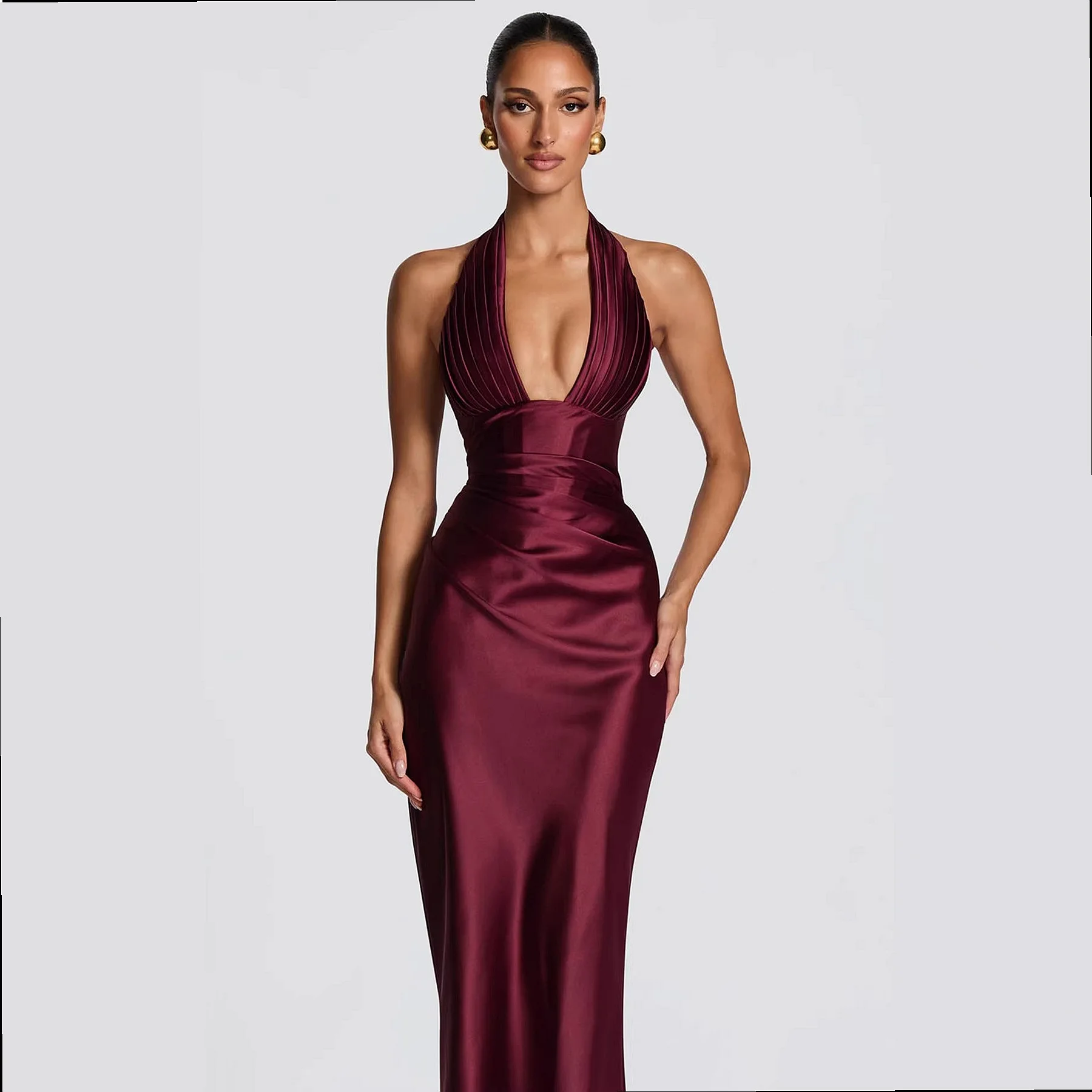 Halter Deep V Long Dress Ruched Tie Shoulderless Bodycon Evening Gown Dresses Jumpsuit Playsuit