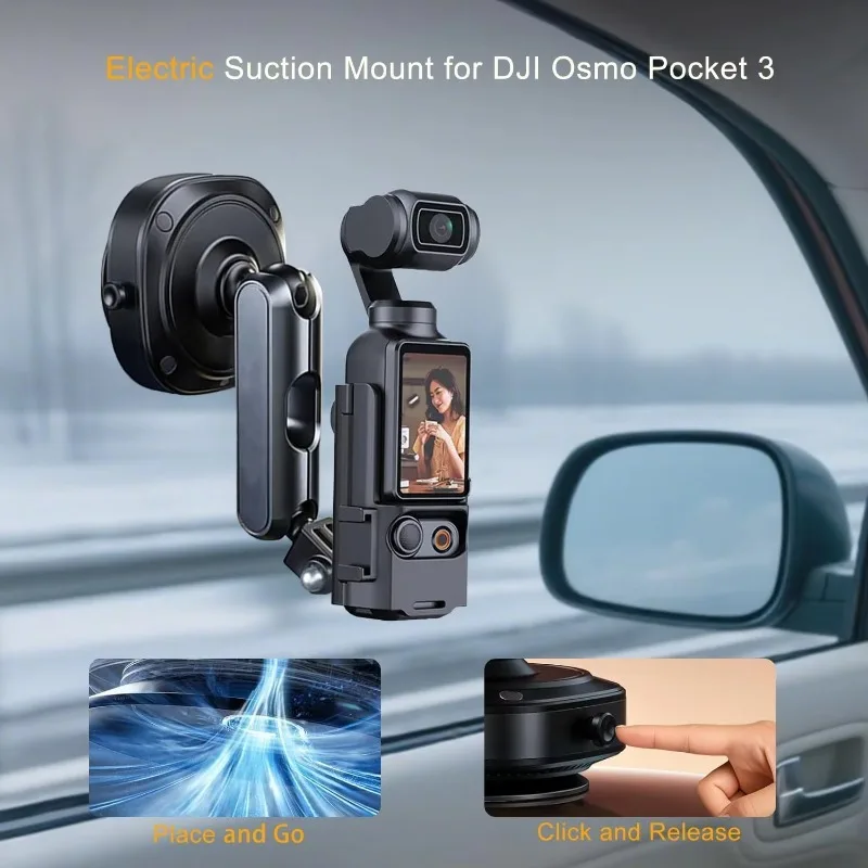 360° Adjustable Electric Suction Cup for DJI Osmo Pocket 3 Car Windshield Mount, Hands-Free Stable Anti-Shake Accessory
