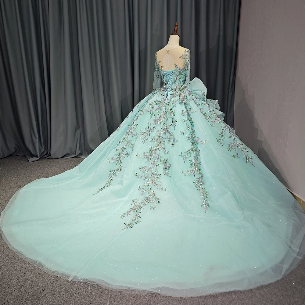 Green Floral Princess Quinceanera Dress O-Neck Shiny Bride Robe Ball Gown Floor-length Bridal Dresses vestidos 15 años DY6752