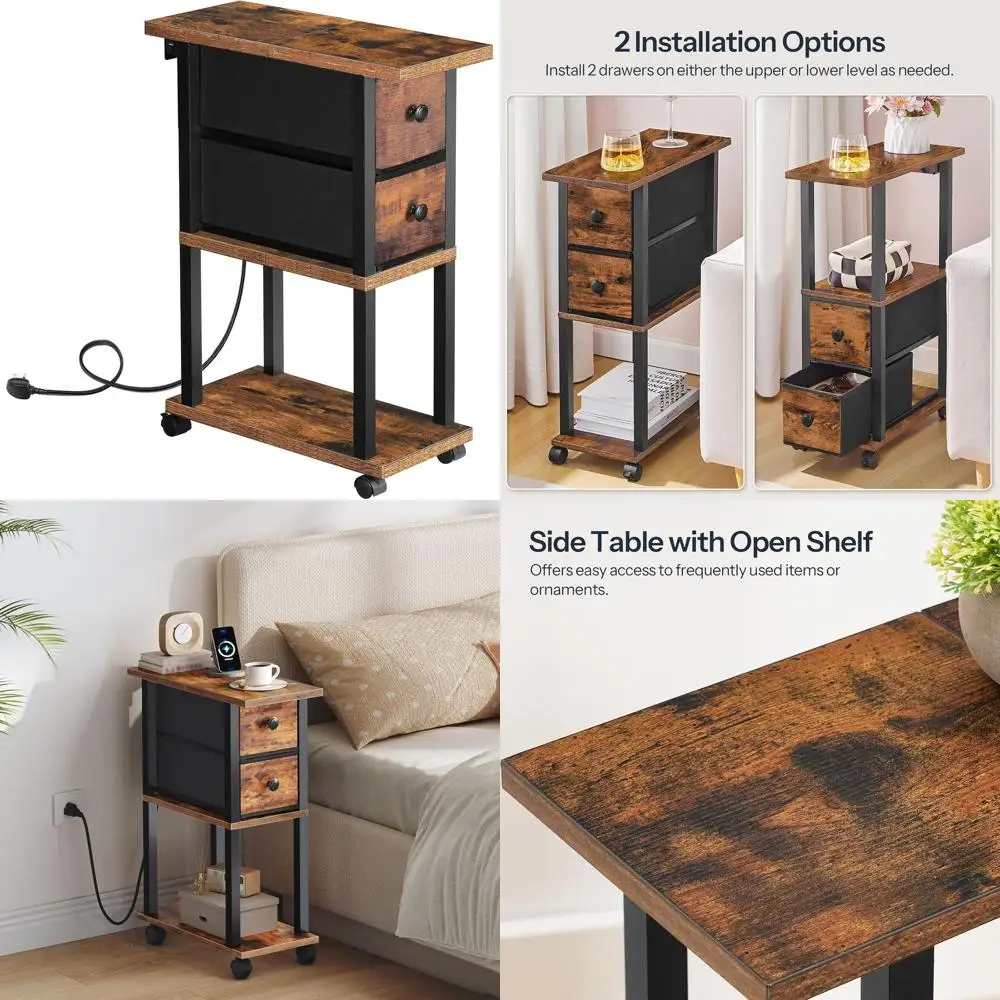

Slim Rustic Nightstand with Charging Station and Adjustable Fabric Drawers for Small Spaces