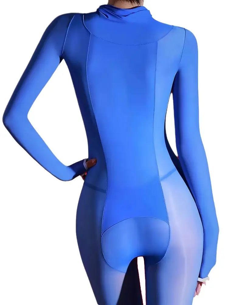 For 100KG Shiny Open Rear Nylon Catsuit Bodystoking High Collar Close Open Crotch Bodysuit Tights Leotard Shaping Jumpsuit Body