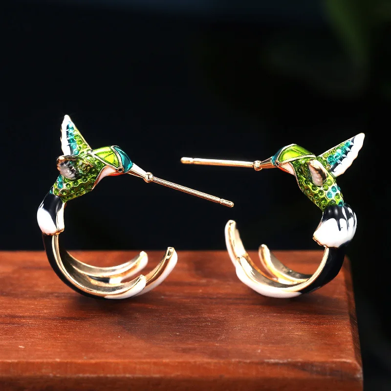 Cute Hummingbird Shape Oil Drop Earrings New Fashion Temperament Silver Needle Earrings Niche Design Green Purple Jewelry