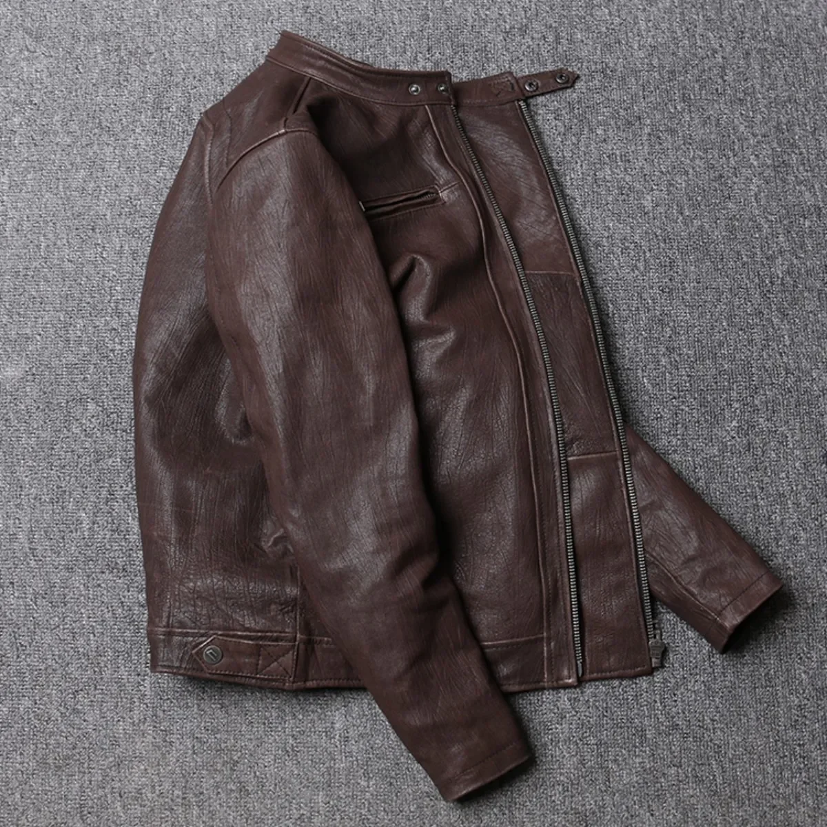 イタリアオイルワックス植物なめし樹皮柄シープスキン本革ジャケットメンズオートバイ立ち襟レザージャケット