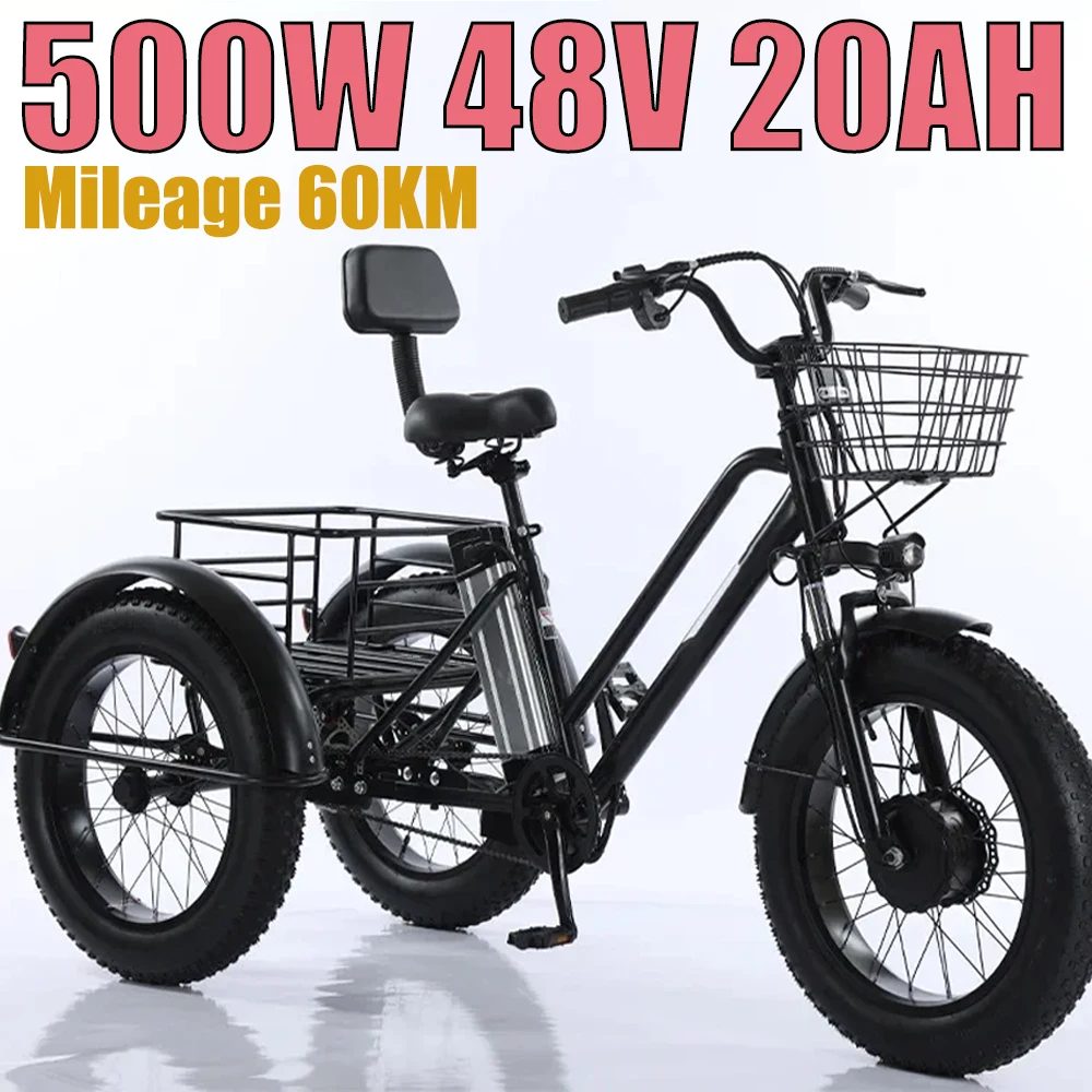Electric Bicycle 20*4.0 Inch Fat Tire Ebike Snow Powerful Electric Cargo Tricycle with Passenger Seat  Adult Elderly 500W48V20AH