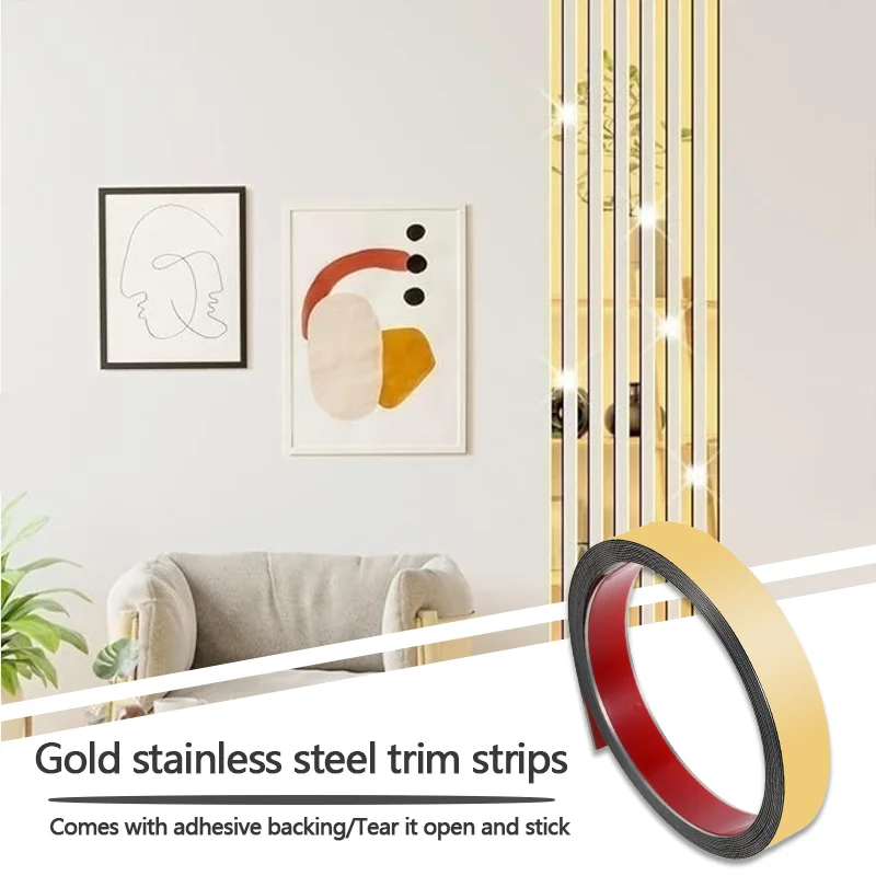 خط ديكور من الفولاذ المقاوم للصدأ بطول 5 أمتار مقاوم للماء ومتين، مع دعامة لاصقة يمكن تقشرها وسحبها للالتصاق