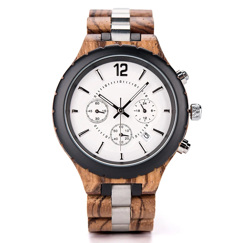 Business Casual Wooden Watch Polished Steel Band Bright Luminous Calendar Delicate Butterfly Clasp