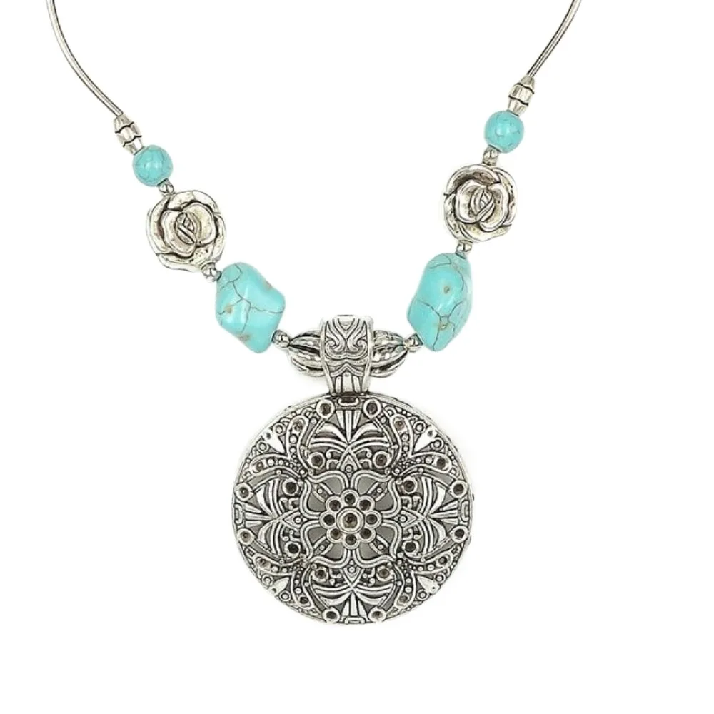 Retro Metal Chain Stone Pedant Necklace Flower Neck Jewelry Ethnic Style Necklaces Charm Beads Bohemia Style Choker Girls