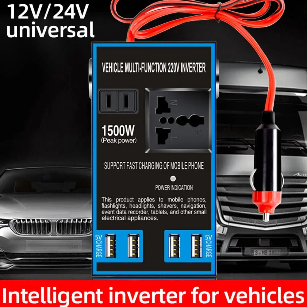 1500W Car Power Inverter 12V/24V To 220V 4 USB Ports Car Vehicle Cigarette Lighter Accessory Port Inverter Protections Mult I7U4
