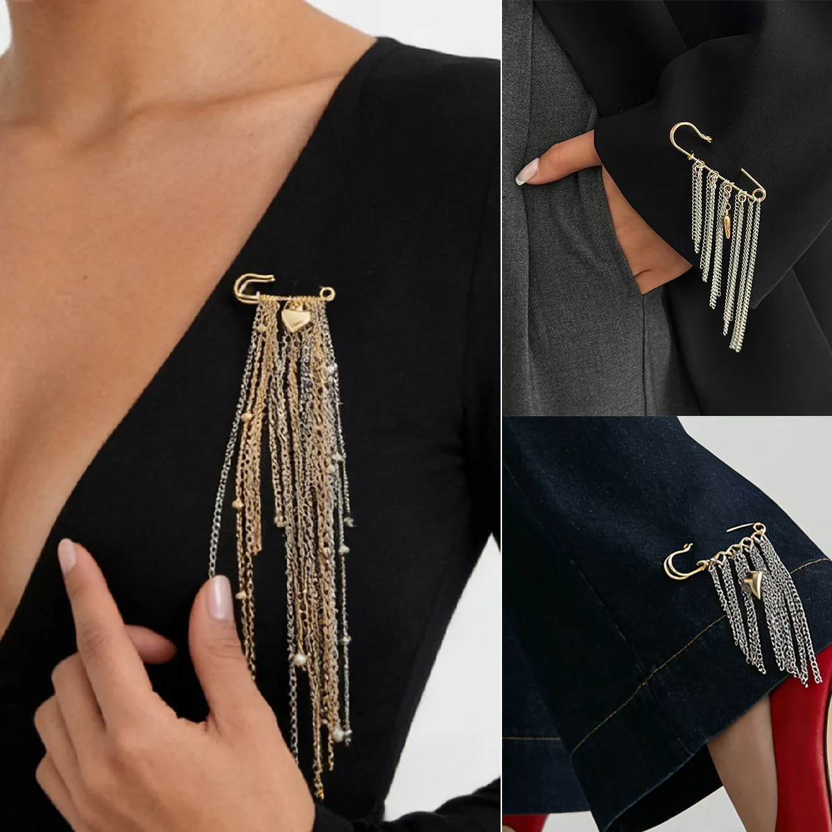 Anklet Metal Heart Pendant Tassel Fringe Adjustable Pin Clasp Versatile for Pants Party Beach Bronze Premium Chic Quality