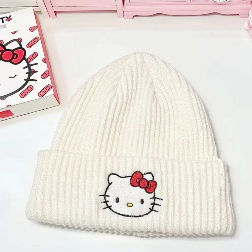 

Kawaii Hello Kitty Embroidered Knitted Hat Cartoon Sanrio Kt Cat Winter Warm Hat Cartoon Couples Headwear Girls Christmas Gifts