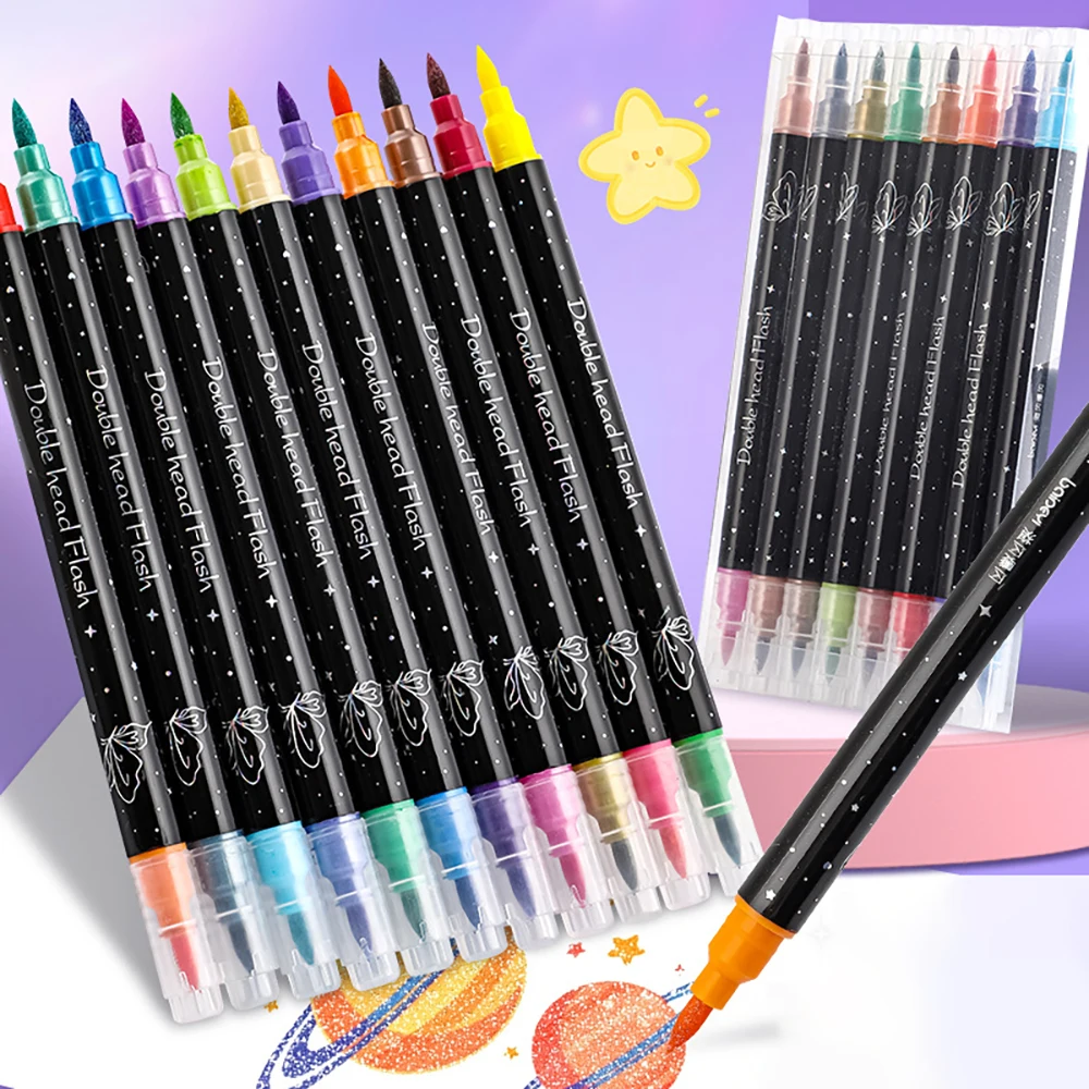 Double Headed Dual Color Glitter Marker Pen, Hand-Painted Dual Color Brush, Bolded Soft Head, Pearl Glitter Brush