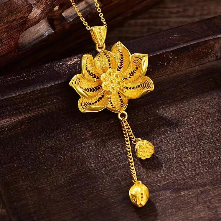 Silk Lotus Pendant Real 18K Gold Plating Women's National Tide Lotus Pendant Hollow Chinese Temperament Sweater Chain Necklace