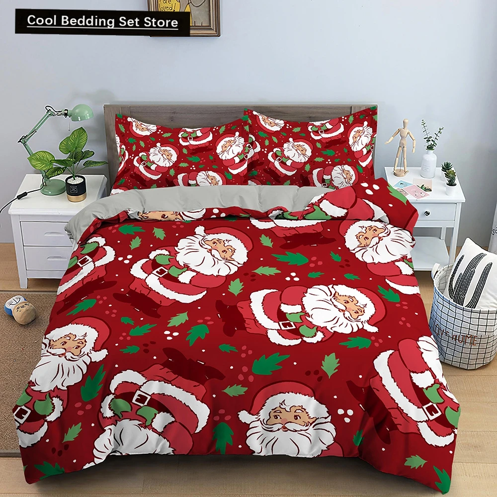 Red Christmas King Queen Duvet Cover Cartoon Santa Claus Bedding Set for Kid Boy Girl Happy Holiday 2/3pcs Polyester Quilt Cover