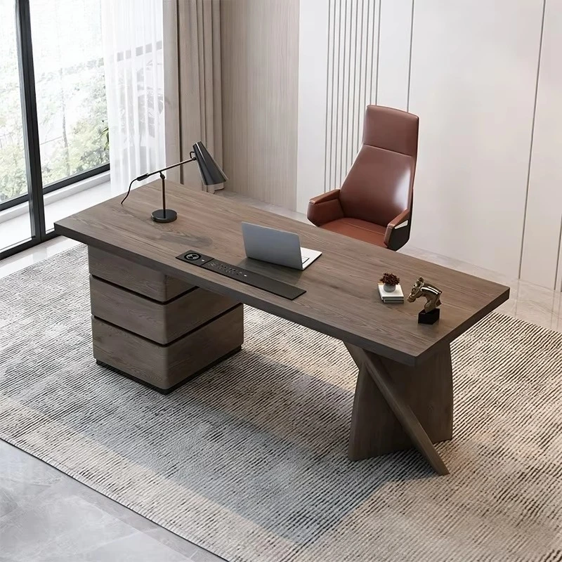 Luxury modern solid wood desk and leather chair with panel workstation and storage for home office use