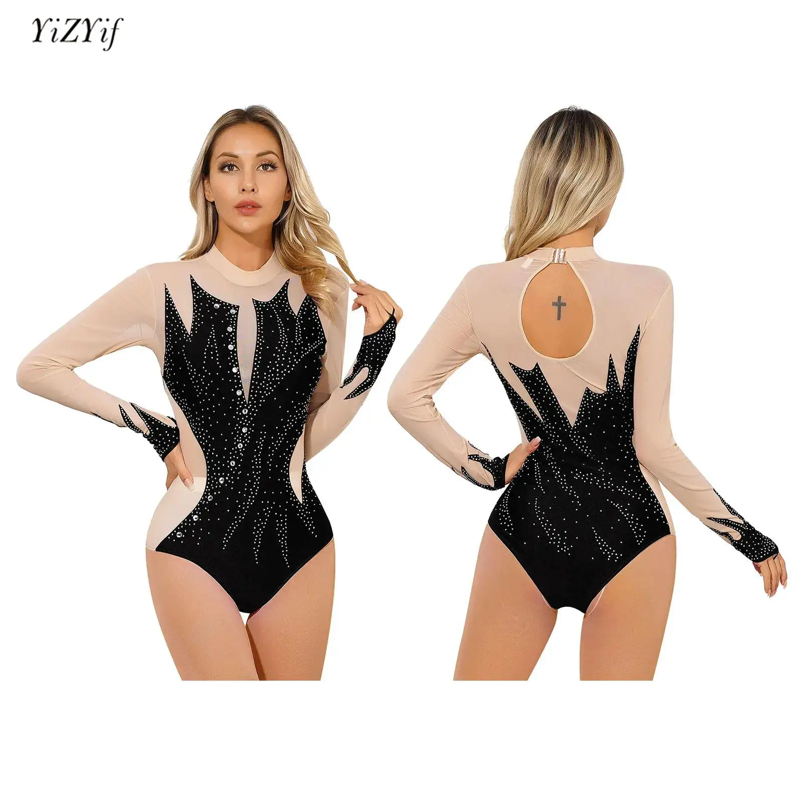 Womens Figure Skating Costume Ballet Dance Gymnastics Leotard Fashion Long Sleeve Shiny Rhinestone Sheer Mesh Patchwork Bodysuit