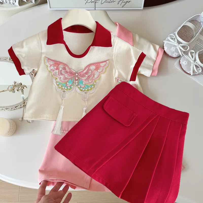 

Girls' Summer Suit2024New Baby Summer National Style Short Sleeve Little Girl Clothes Summer Culottes Two-Piece Set