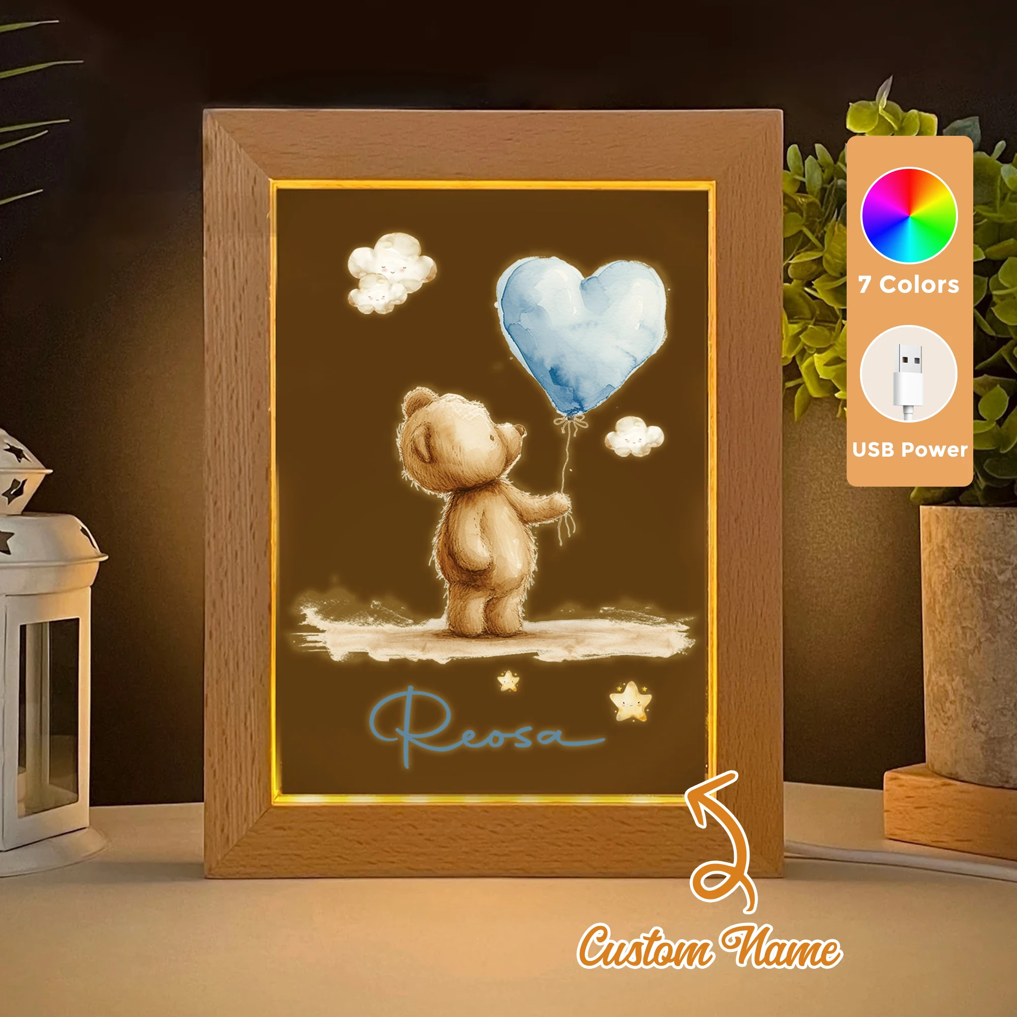 

2D Flat Custom Name Bear Love Balloon LED Acrylic Night Light Wood Photo Frame 21x17cm Cartoon Children Bedroom Gifts Home Decor