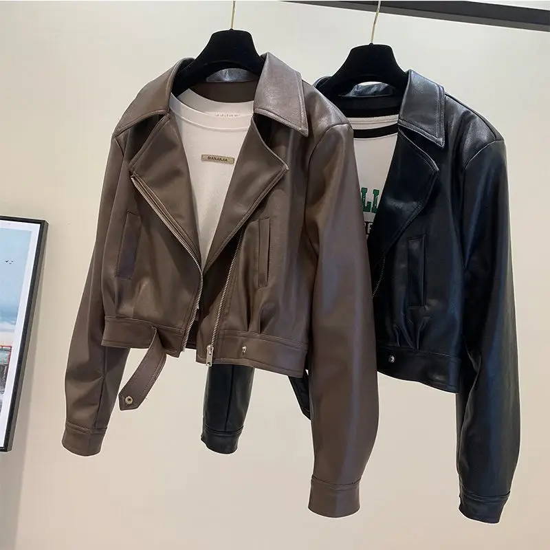 Couro PU feminino recortado jaqueta de motocicleta, streetwear solto, zíper chique, roupa chique coreana, marca de luxo, Y2k