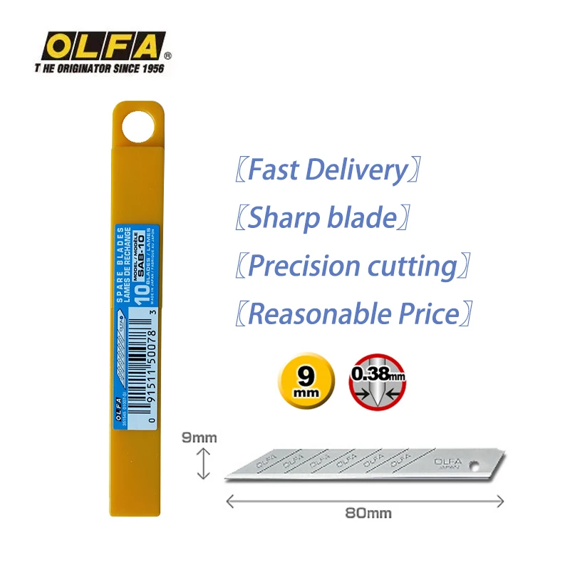 OLFA Japan imported cutter 30-degree angle 9mm utility knife blade 0.38mm thick SAB-10, durable and sharp, LTD-05/SAC-1 car foil wallpaper cutting