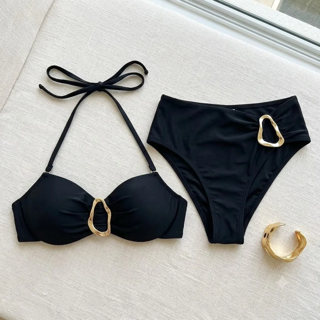 JEWELRY SEN Women Black Metal Ring Bandeau Halter Bikini Set High Waist 2‑Piece Summer Beach Bathing Suit