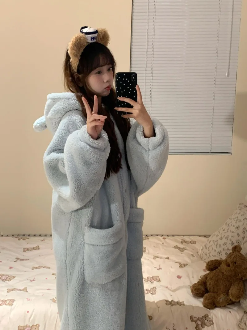 رداء جيب للنساء ملابس نوم فستان نوم شتوي ملابس ليلية بيجامة من الصوف الدافئ قطعة واحدة ثوب نوم بقلنسوة ملابس منزلية للنوم