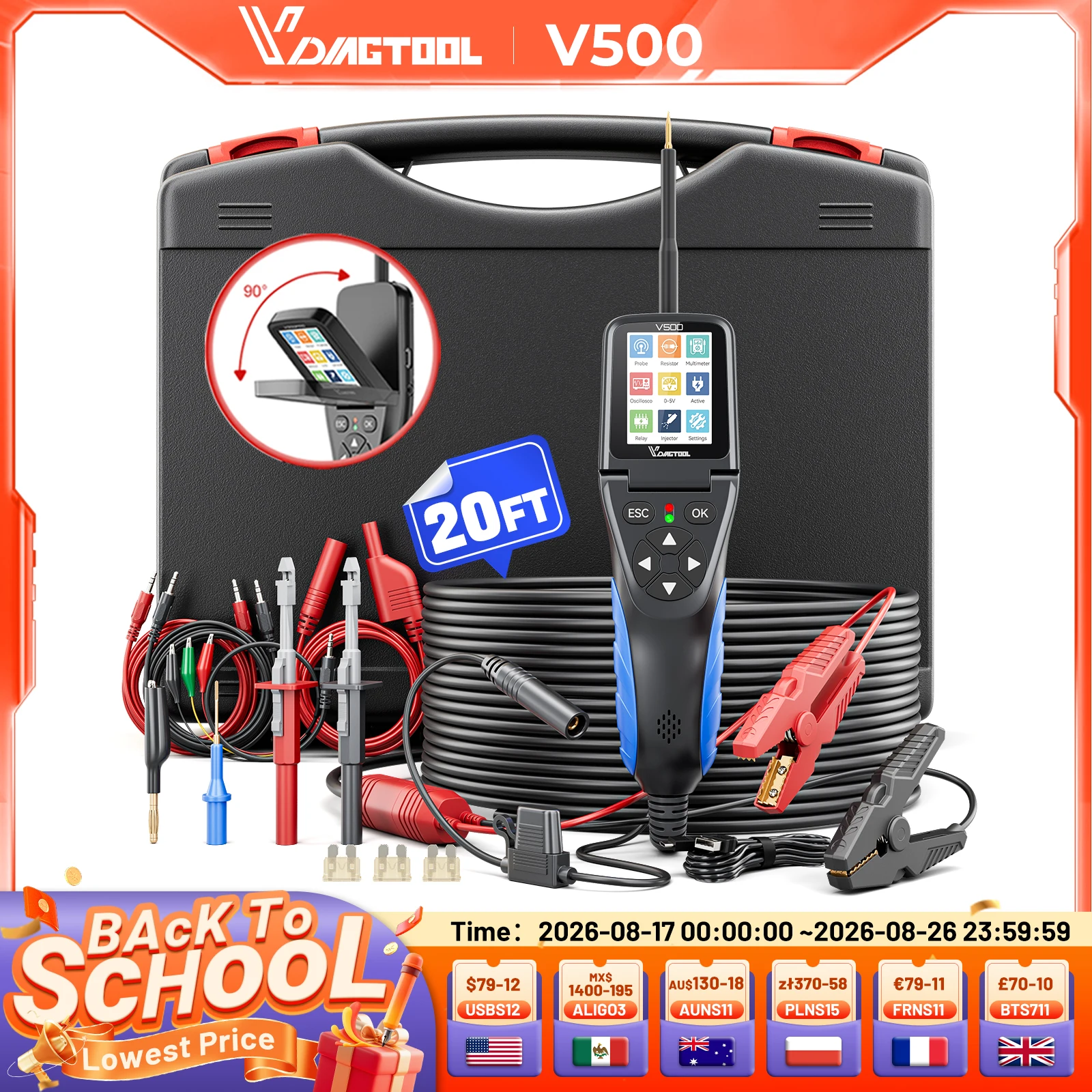 VDIAGTOOL V500 Car Electric Circuit Tester Automotive Power Circuit Probe Short/Open Finder Multimeter/Injector/Relay Diagnostic
