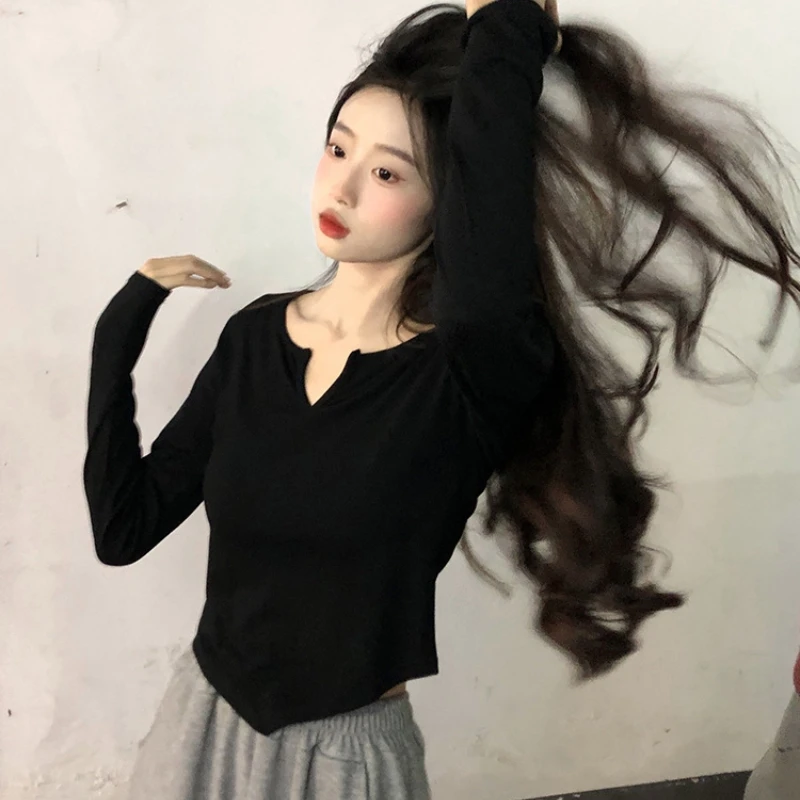 Women Long Sleeve T Shirt Spring Autumn Y2k Crop Top Casual Slim Fit Pullovers Korean V-Neck Top Streetwear Female Basic Tees