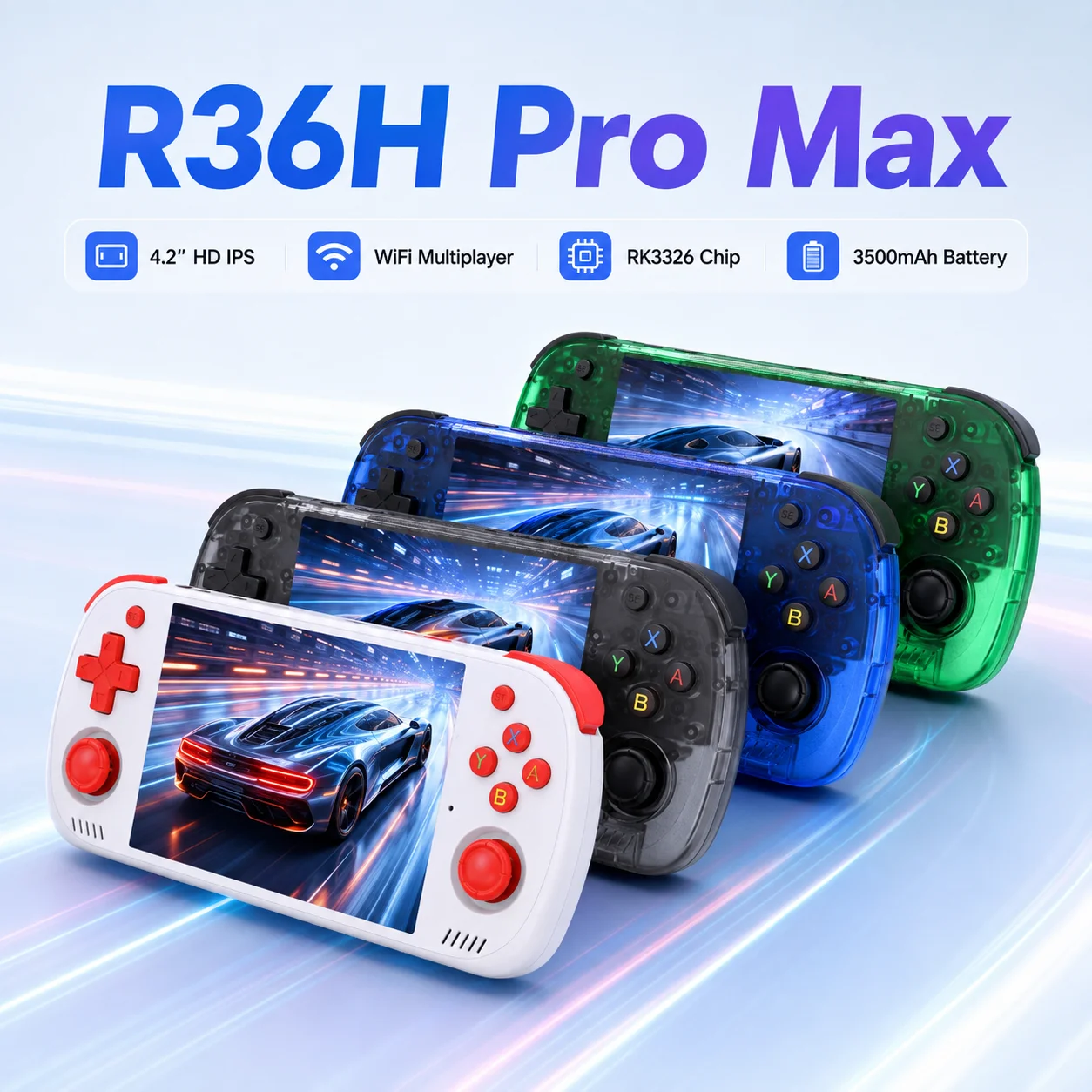 R36H Pro Max Portable Game Handheld 4.2‑Inch Full Lamination Screen RK3326 Chip 3500mAh Long Battery Support TF Card Expansion