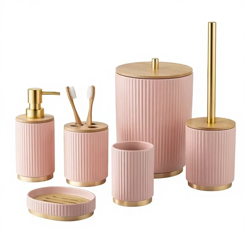 6-Piece ceramic bathroom accessory set, pink ribbed bath mat, gold bamboo lid, vanity toiletries