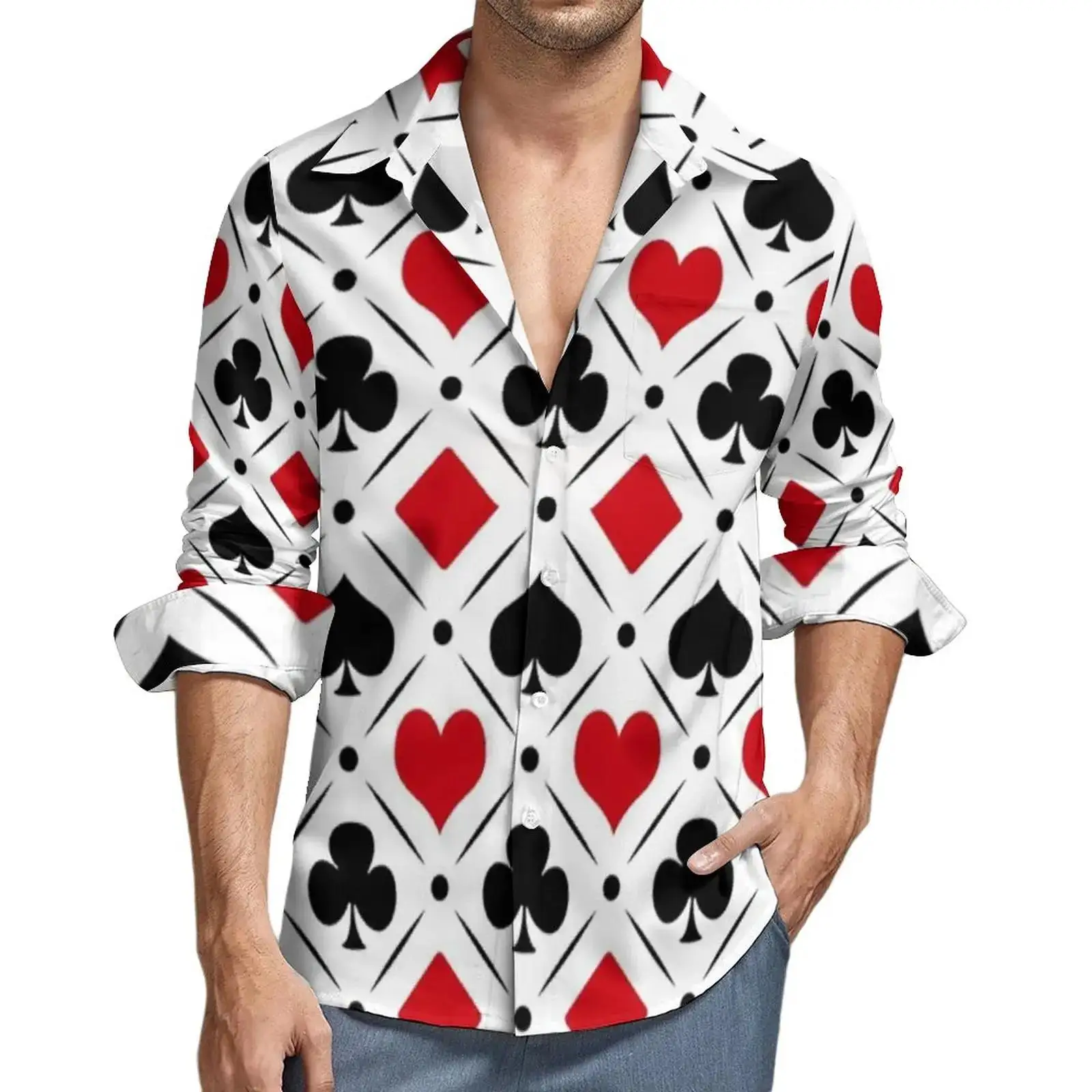 Unisex Lapel Long Sleeve Shirt Playing Card Suit Heart Spade Club Diamond Print Loose Party Vacation Button Casual Tops