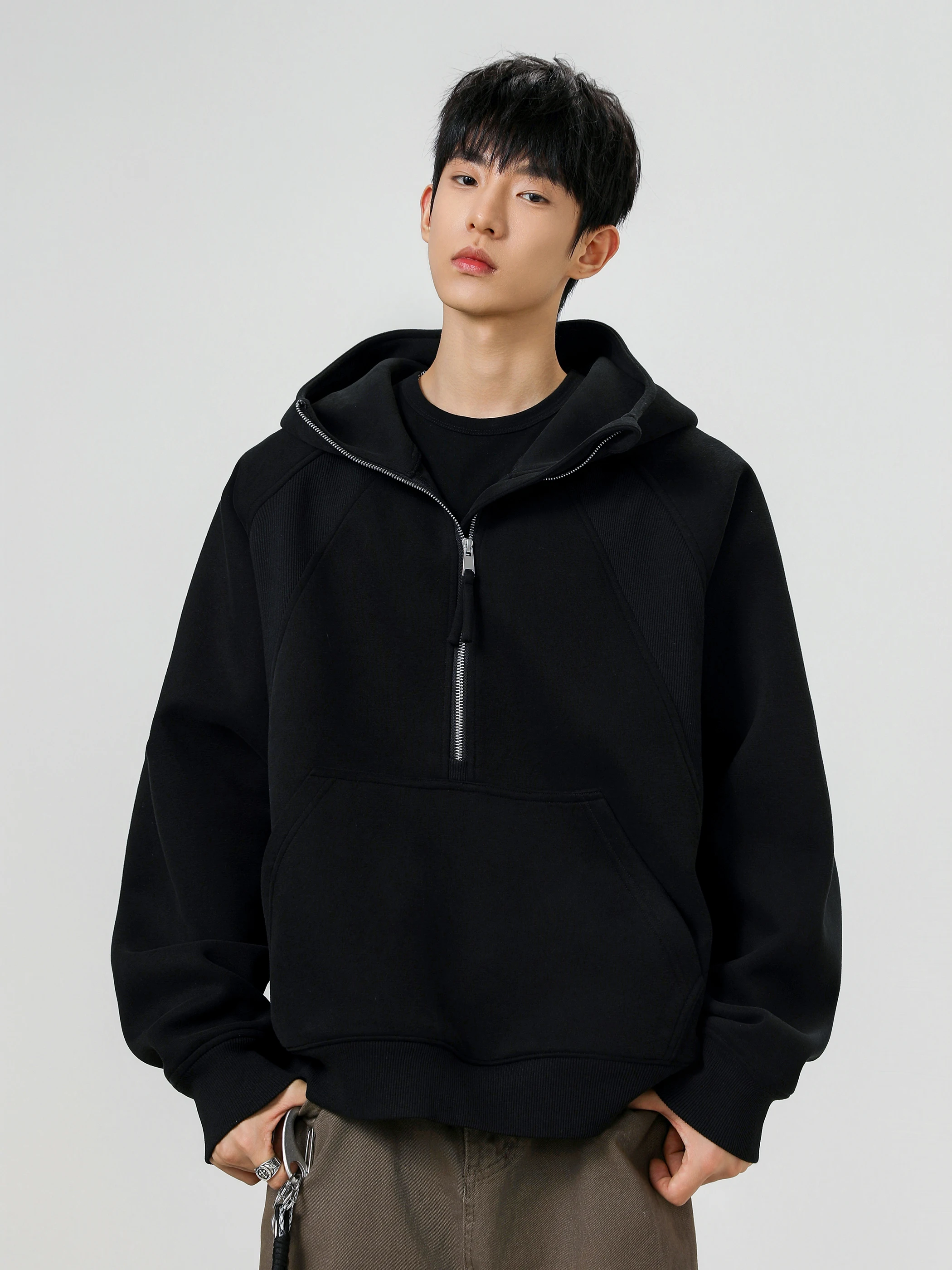 

Тяжелая толстовка с капюшоном M свободного кроя, жесткий и жесткий свитер в американском стиле с застежкой-молнией и воротником-стойкой на осень и зиму