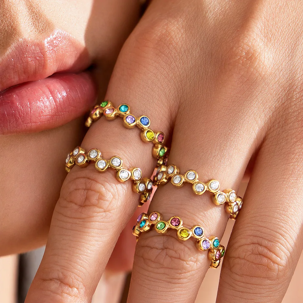 316L Edelstahlringe mit 18K vergoldeter Fassung, bunter Zirkonring, mehrlagig, für den Alltag, passend zu jedem Outfit, Schmuckgeschenk für Frauen – Detail 7