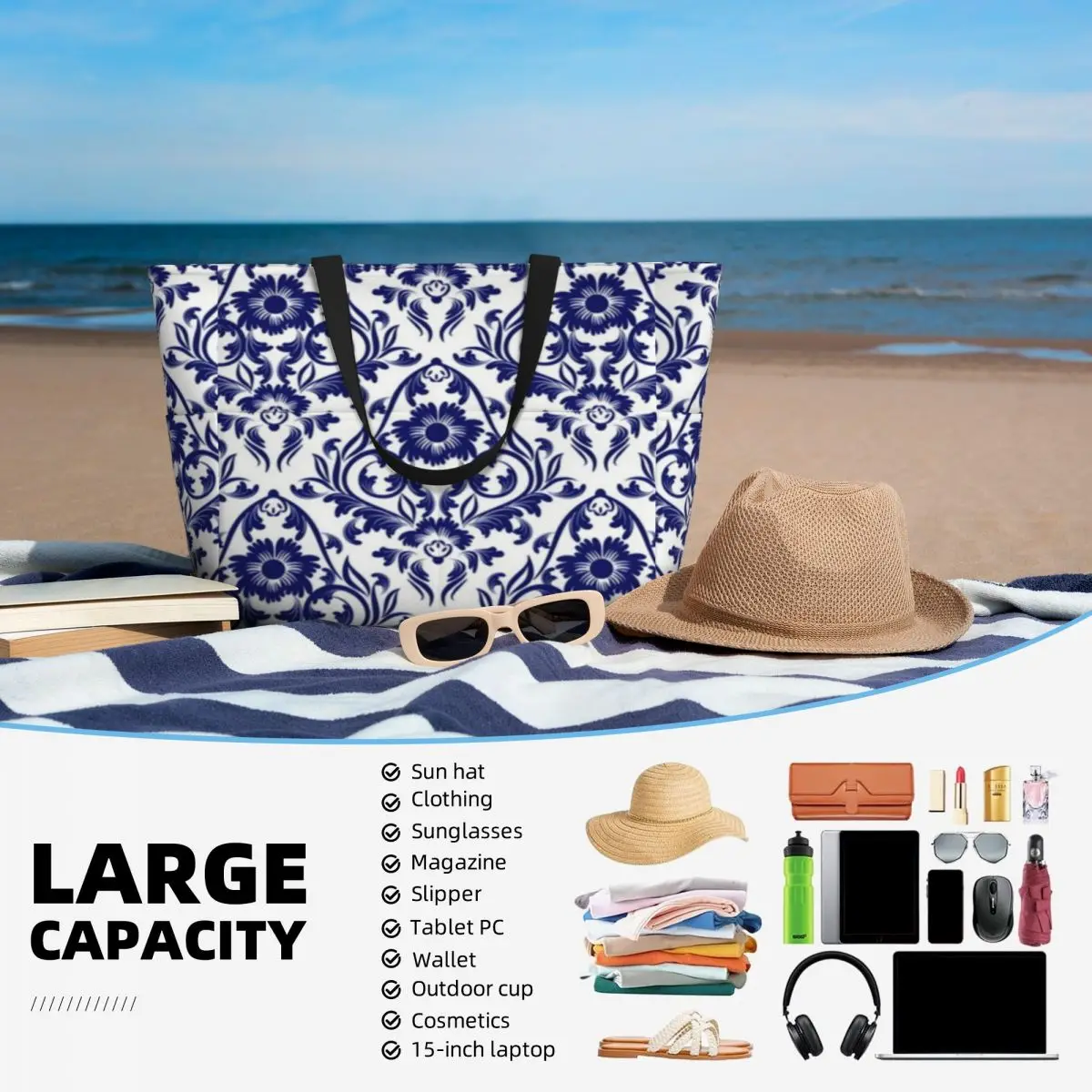 Mala portuguesa para viagem de praia, bolsa de ombro customizável para adultos, sacola multiestilo padrão, azul e branco