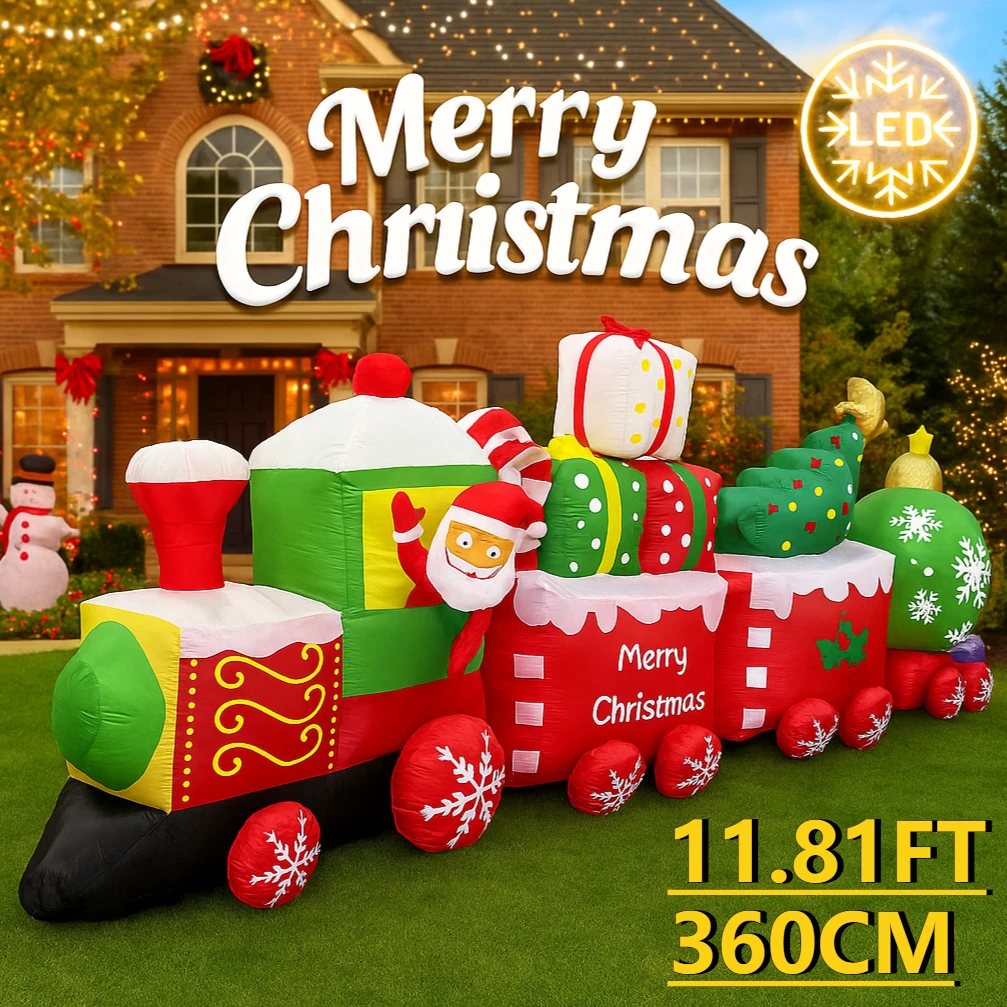 

11,81 футов уличное праздничное украшение, надувная модель, Рождественский поезд, подарочная коробка Санта-Клауса, игрушка, светодиодные фонари, Рождественский декор для двора, украшение для дома