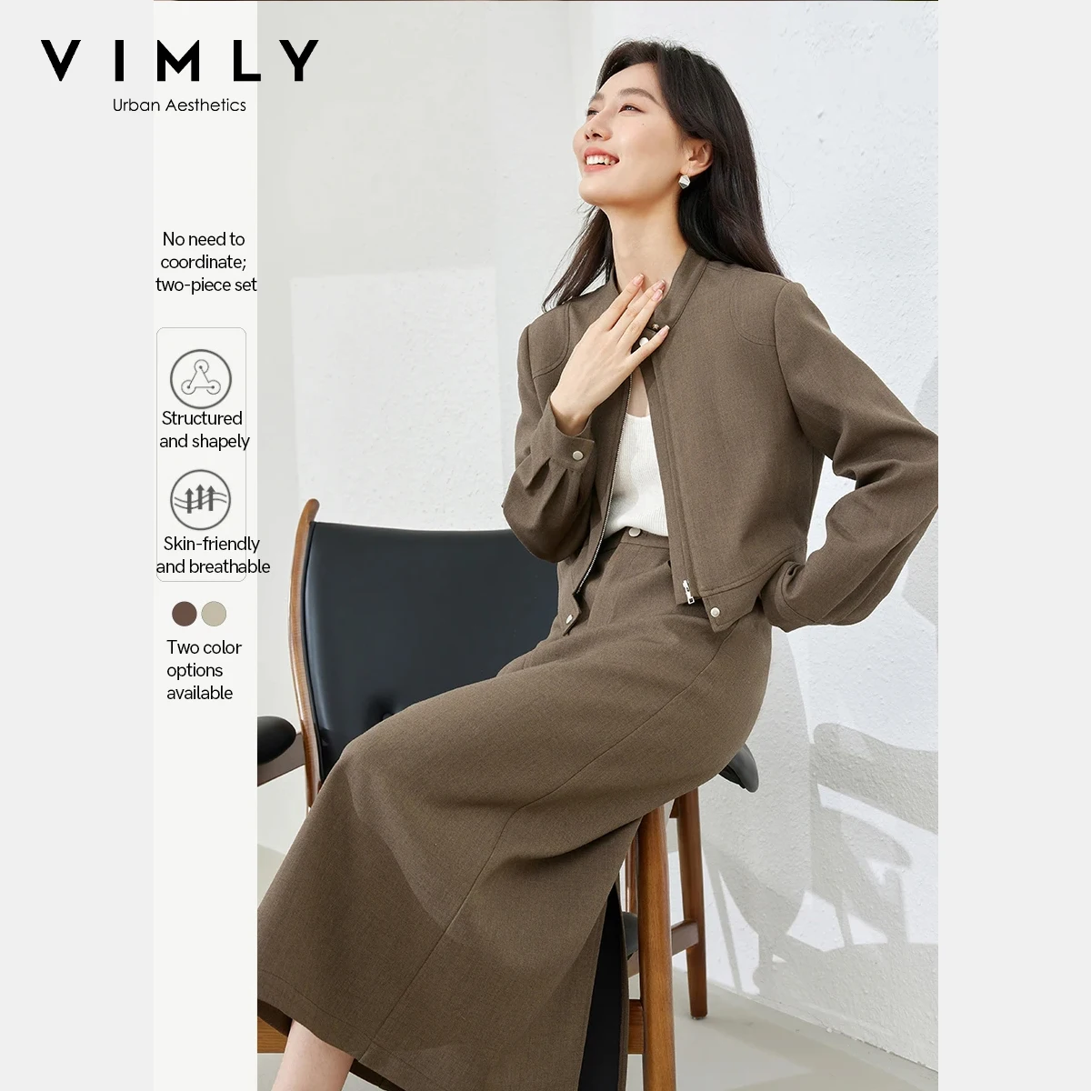 

Женский офисный костюм Vimly, осень 2024, пальто с воротником-стойкой и подкладкой на плечах и прямая юбка облегающего кроя, элегантный женский наряд M8817