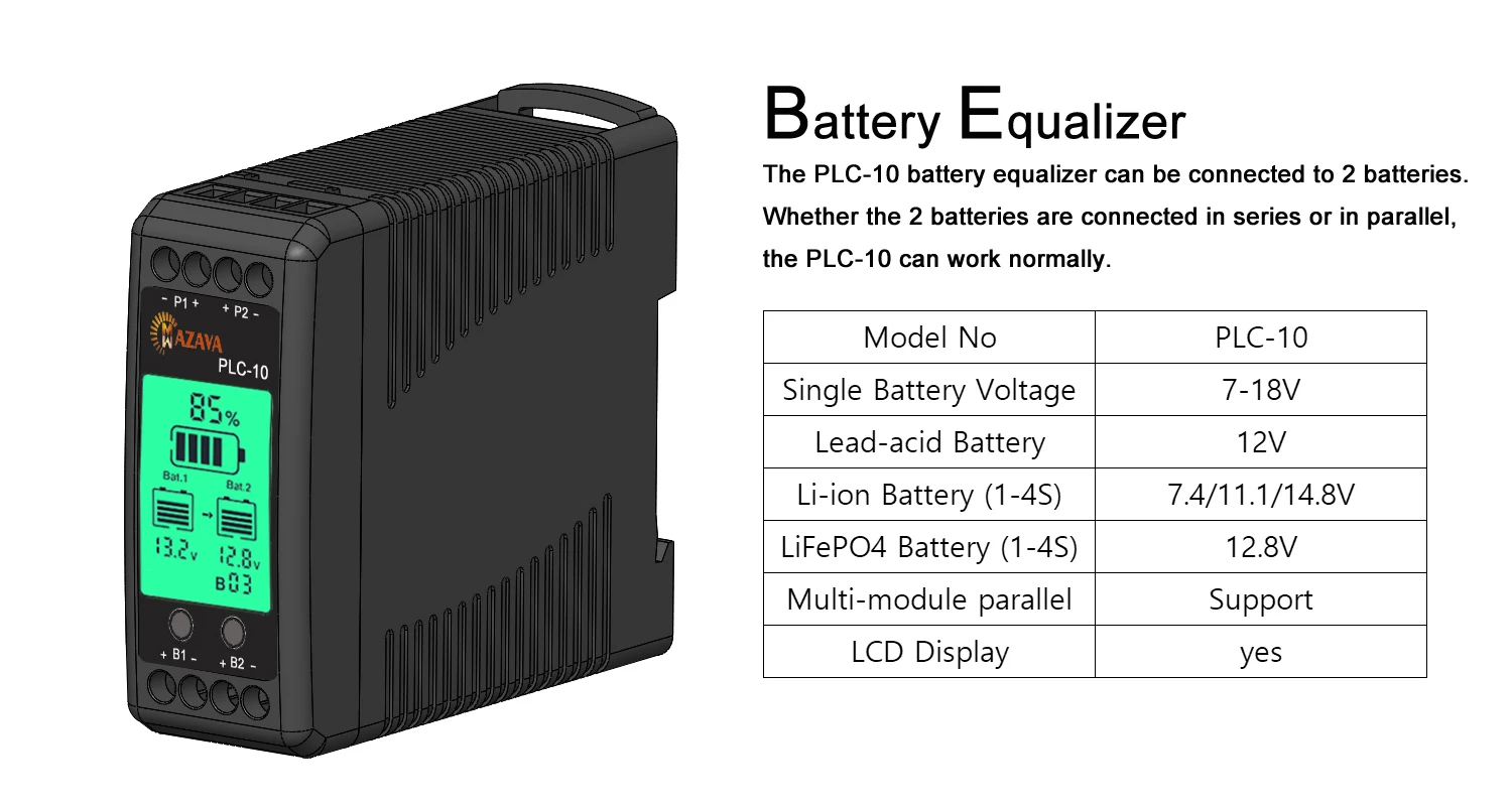 MAZAVA PLC-10 HX02 Battery Balancer 2S 4S 12V 24V 36V 48V 96A ctive LCD Lead Acid Li li-ion LiFePO4 Battery Equalizer Monitor