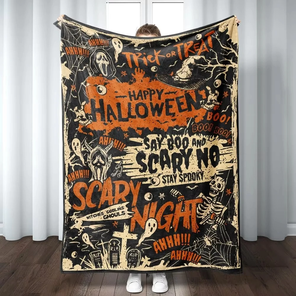 Coperta vintage, morbidissima, calda e dal design retrò: leggera, confortevole, in flanella, con stampa a tema Halloween, ideale per letto, divano, ufficio, come elemento decorativo o come regalo per