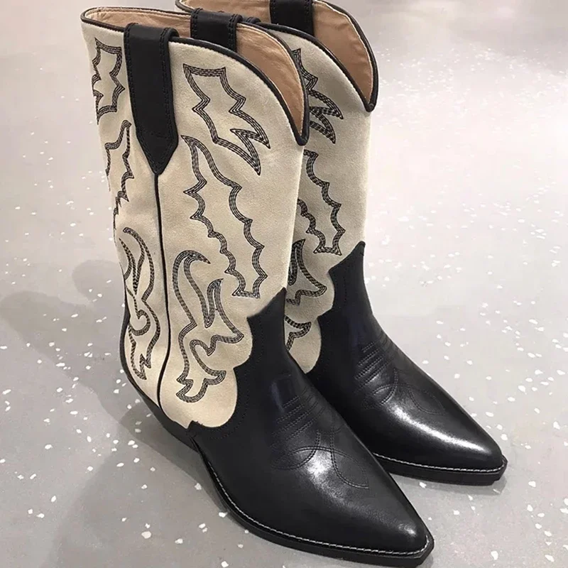 

Embroidery Women Western Cowboy Boots Fashion Slip On Thick Heel Knight Long Booties Retro Style Autumn Winter Female Shoes