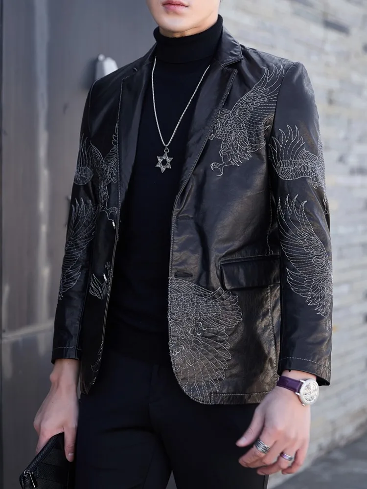 Men Autumn Slim Single Breasted Sheepskin Genuine Leather Jacket Business Casual Party Suit Coat Motorcycle Embroidery Designer